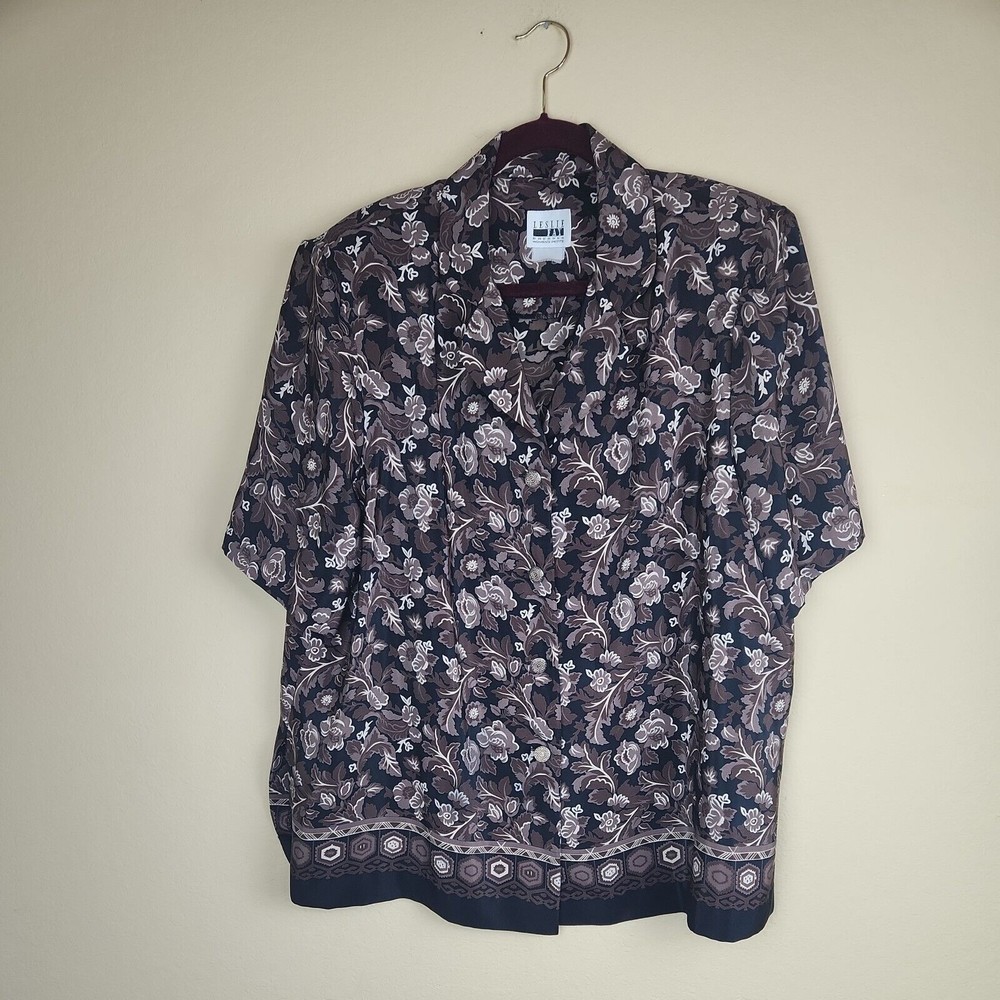Vintage Leslie Fay Womens Blouse‎ Shirt button up Size xl petite paisley  brown